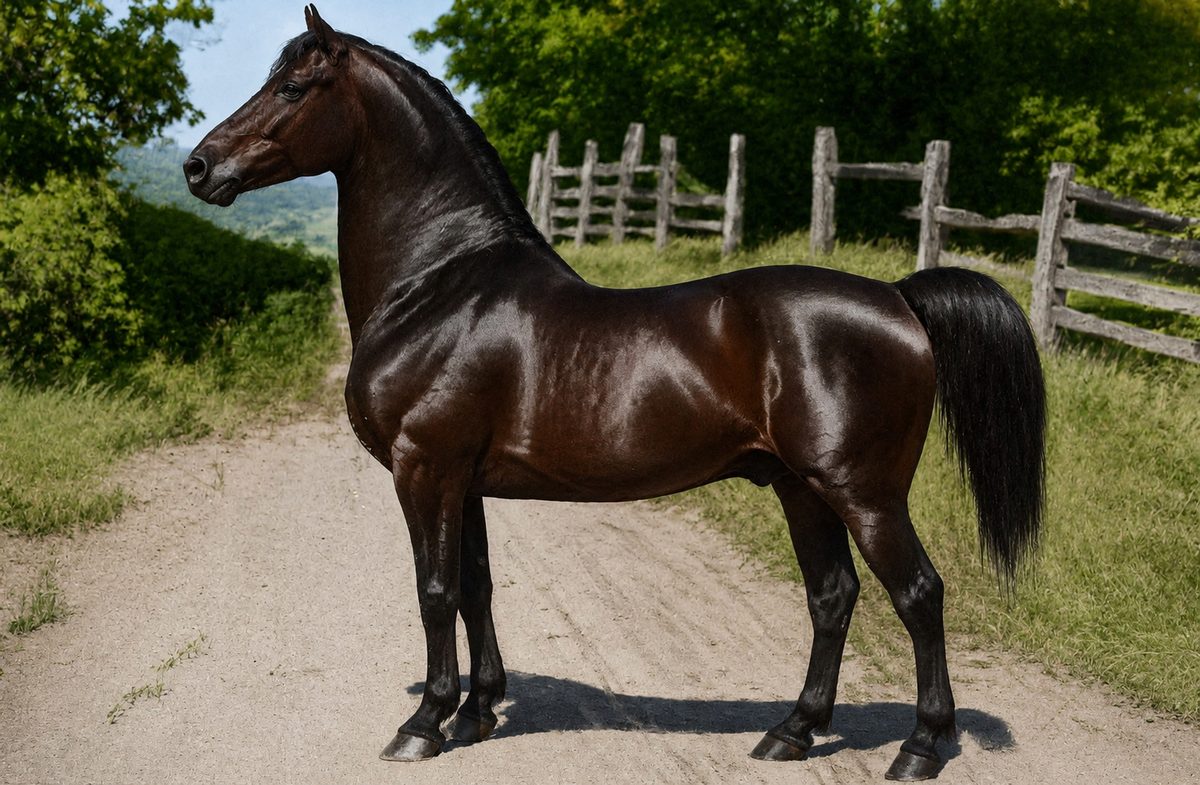 Painting of Figure, the bay stallion known as Justin Morgan, standing on a Vermont lane beside a split-rail fence