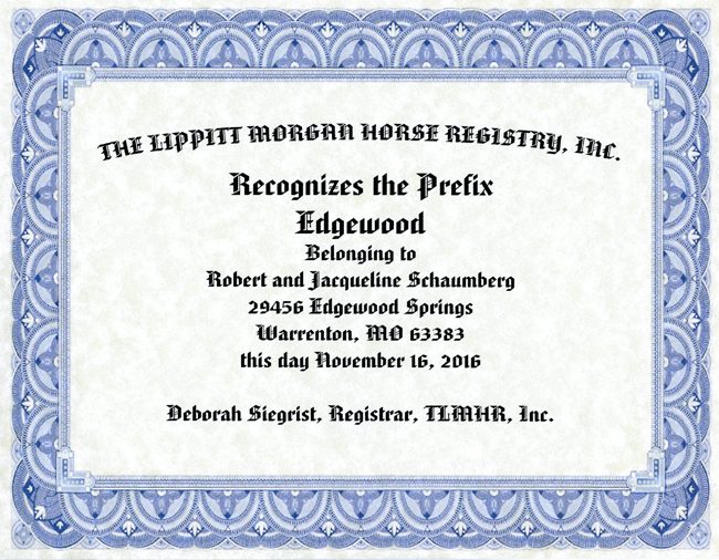 A TLMHR prefix certificate with ornamental blue border, recognizing the Edgewood prefix